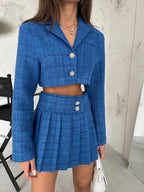 Stone Detail Buttoned Sax Blue Jacket Set