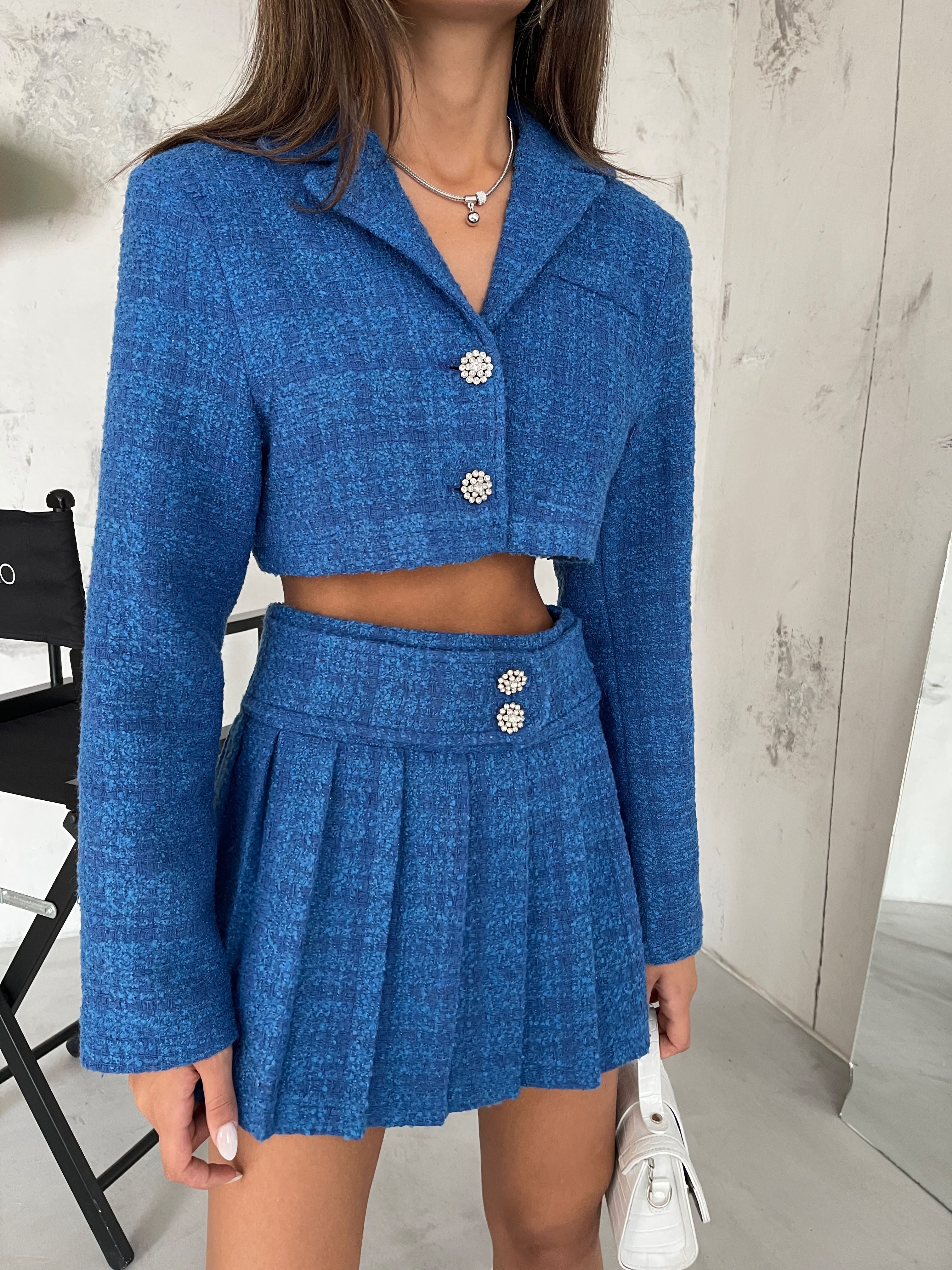 Stone Detail Buttoned Sax Blue Jacket Set