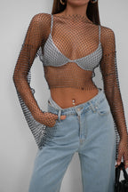 Stone Detail Mesh Black Blouse