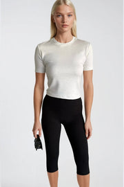 Stone Detail Lycra White Crop T-Shirt