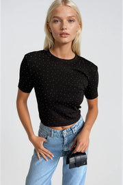 Black Cropped T-Shirt with Stone Detail