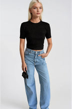 Stone Detail Stretch Black Crop T-Shirt
