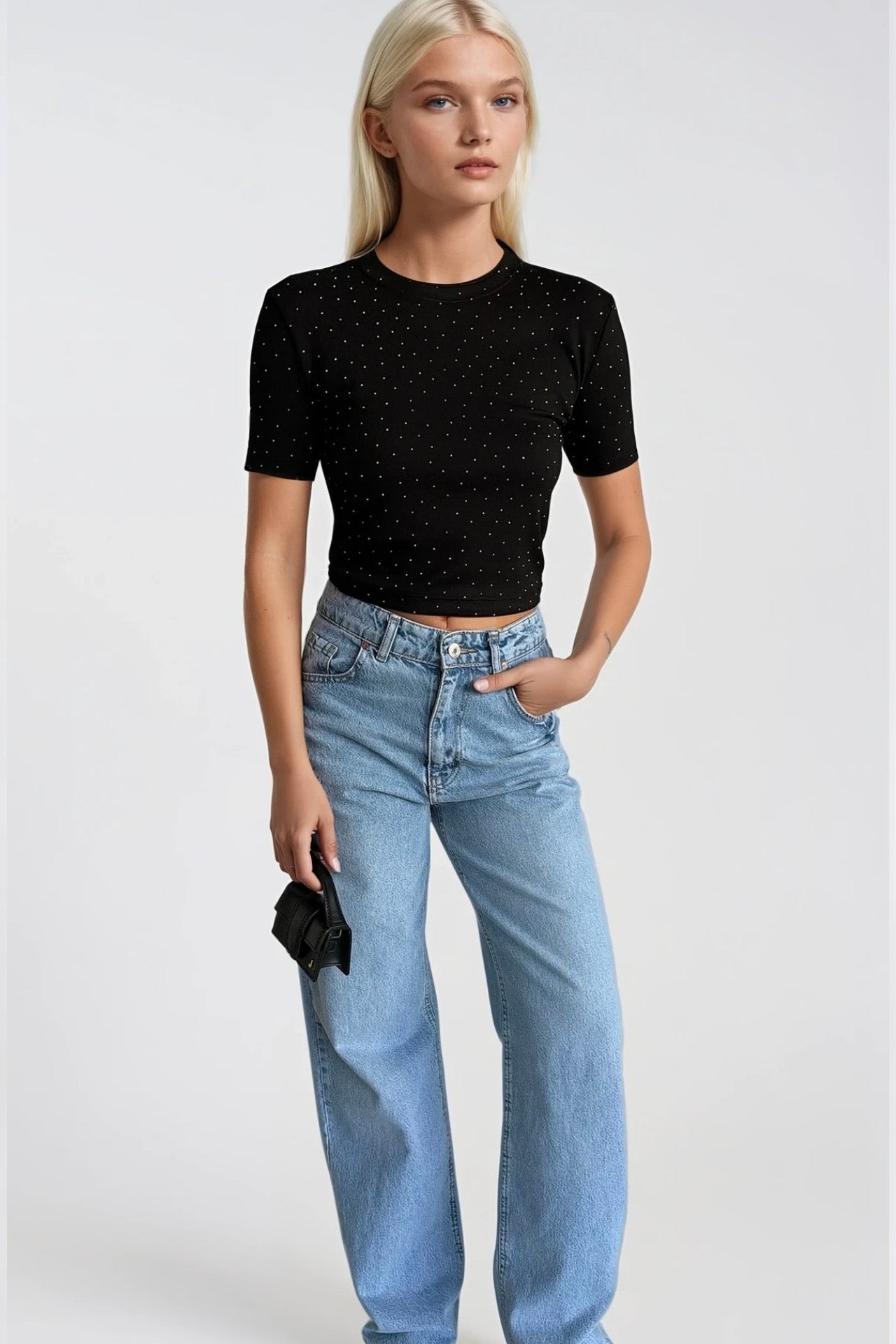 Stone Detail Stretch Black Crop T-Shirt
