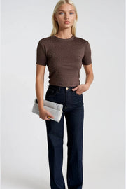 Stone Detail Lycra Brown Crop T-Shirt