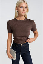 Stone Detail Stretch Brown Crop T-Shirt