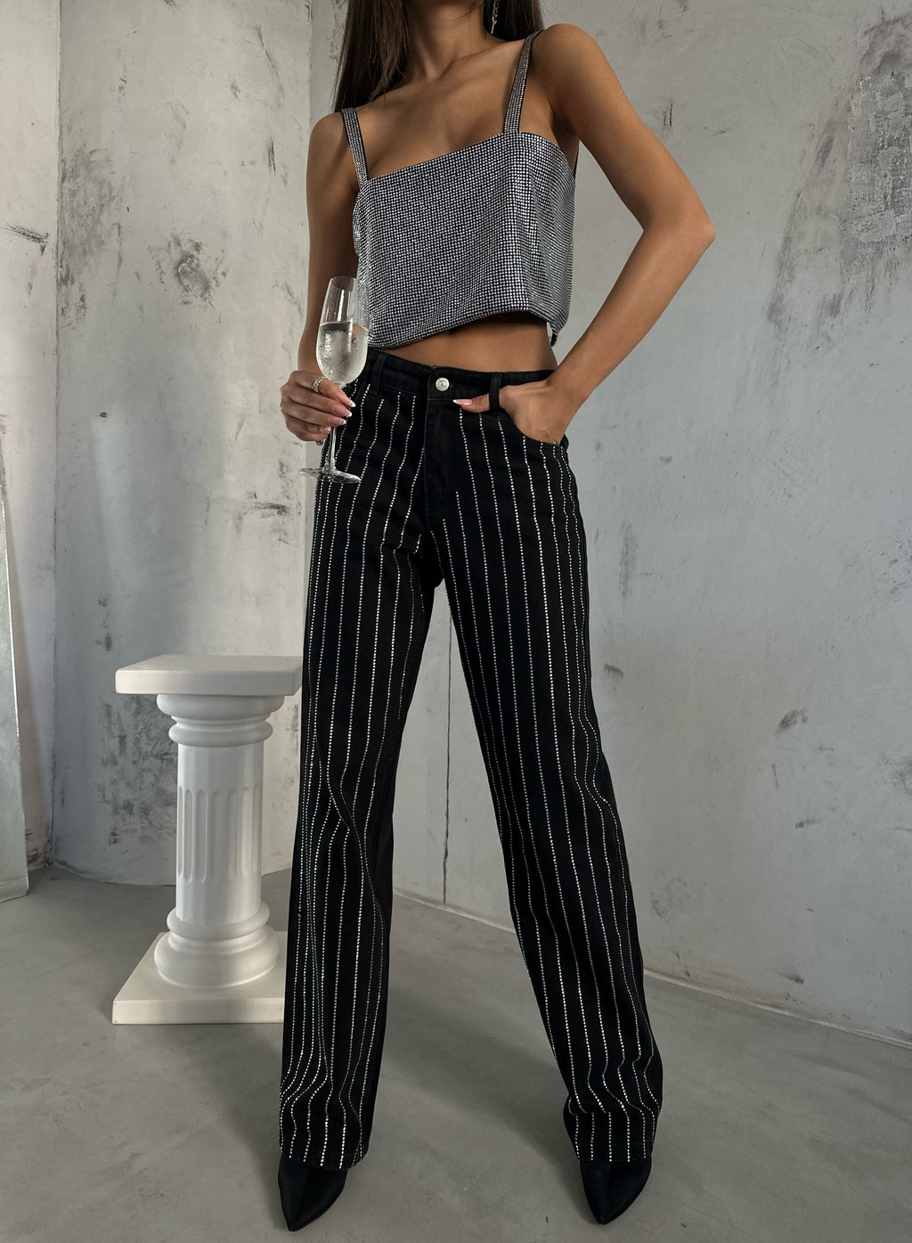Rhinestone Detail Gray Mom Jeans
