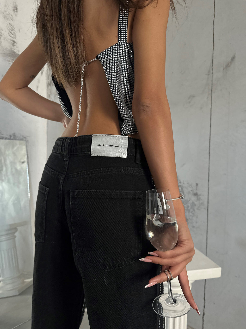 Rhinestone Detail Gray Mom Jeans