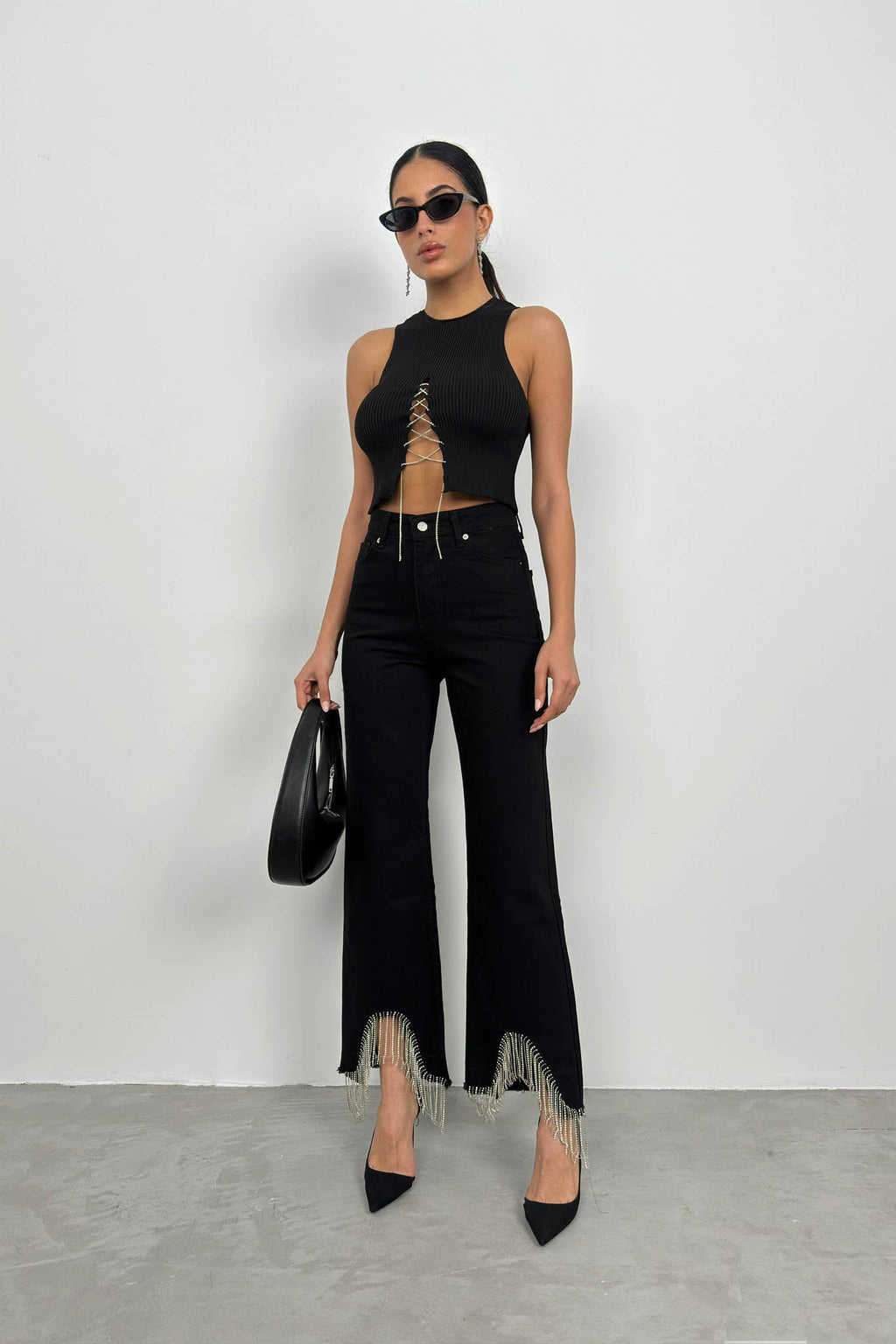 Stone Detail Fringed Black Jean