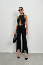 Stone Detail Fringed Black Jean