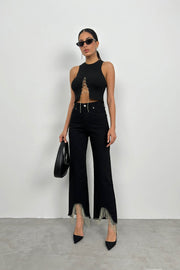 Stone Detail Tassel Black Jeans