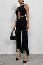 Stone Detail Fringed Black Jean
