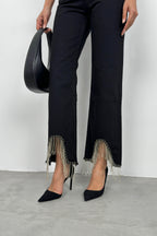 Stone Detail Fringed Black Jean