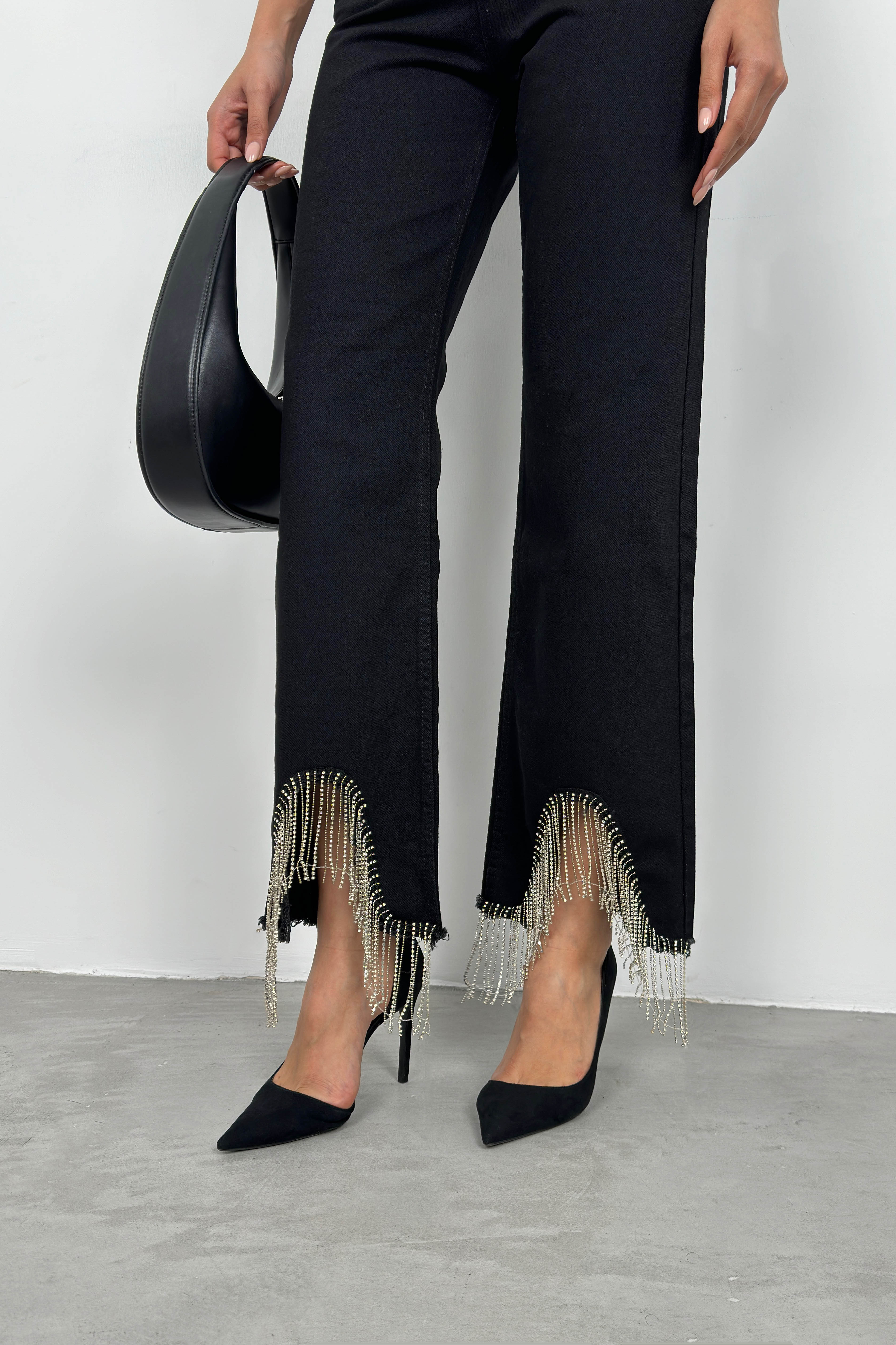 Stone Detail Fringed Black Jean