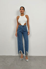 Stone Detail Tassel Blue Jeans