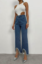 Stone Detail Fringed Blue Jean