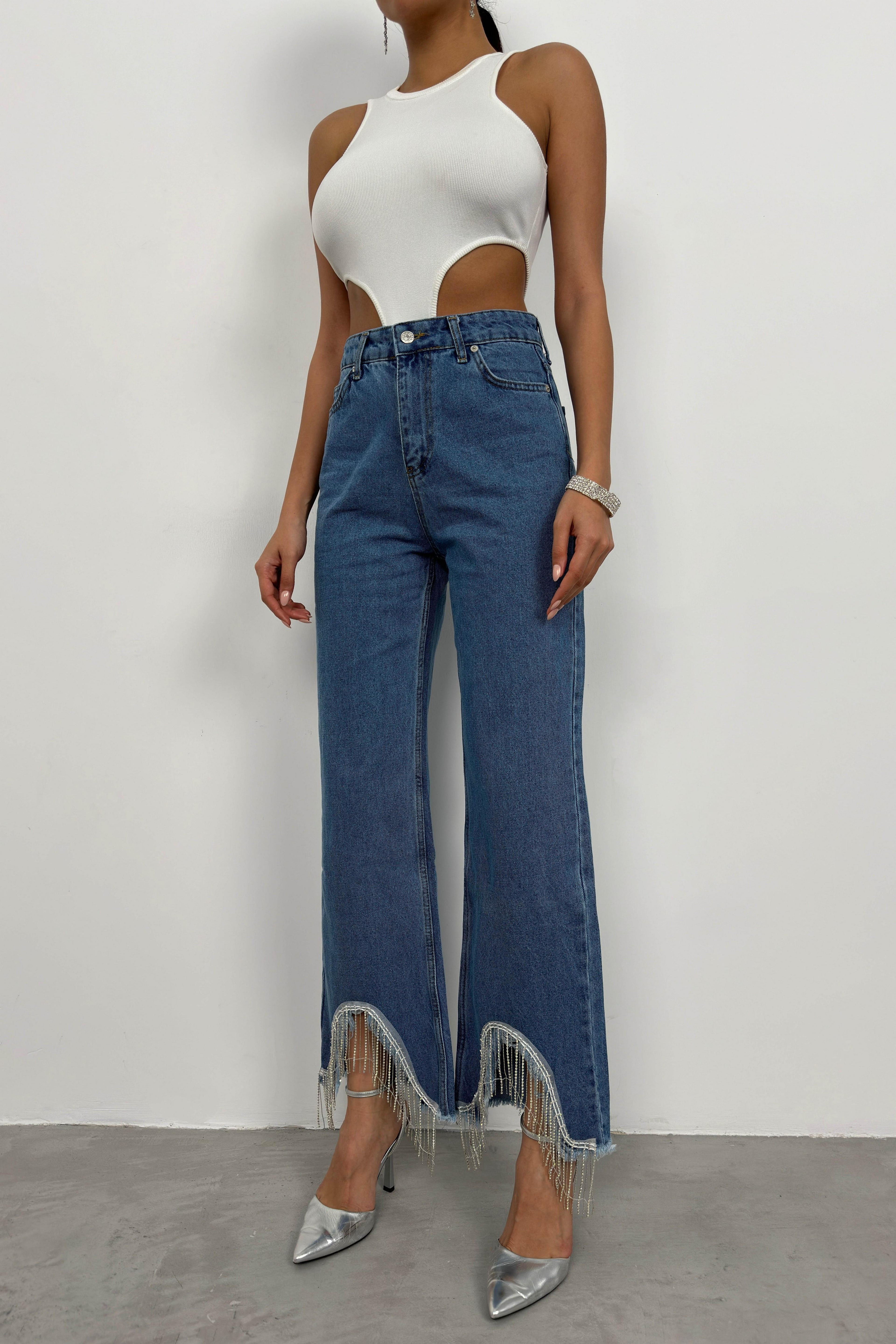 Stone Detail Fringed Blue Jean