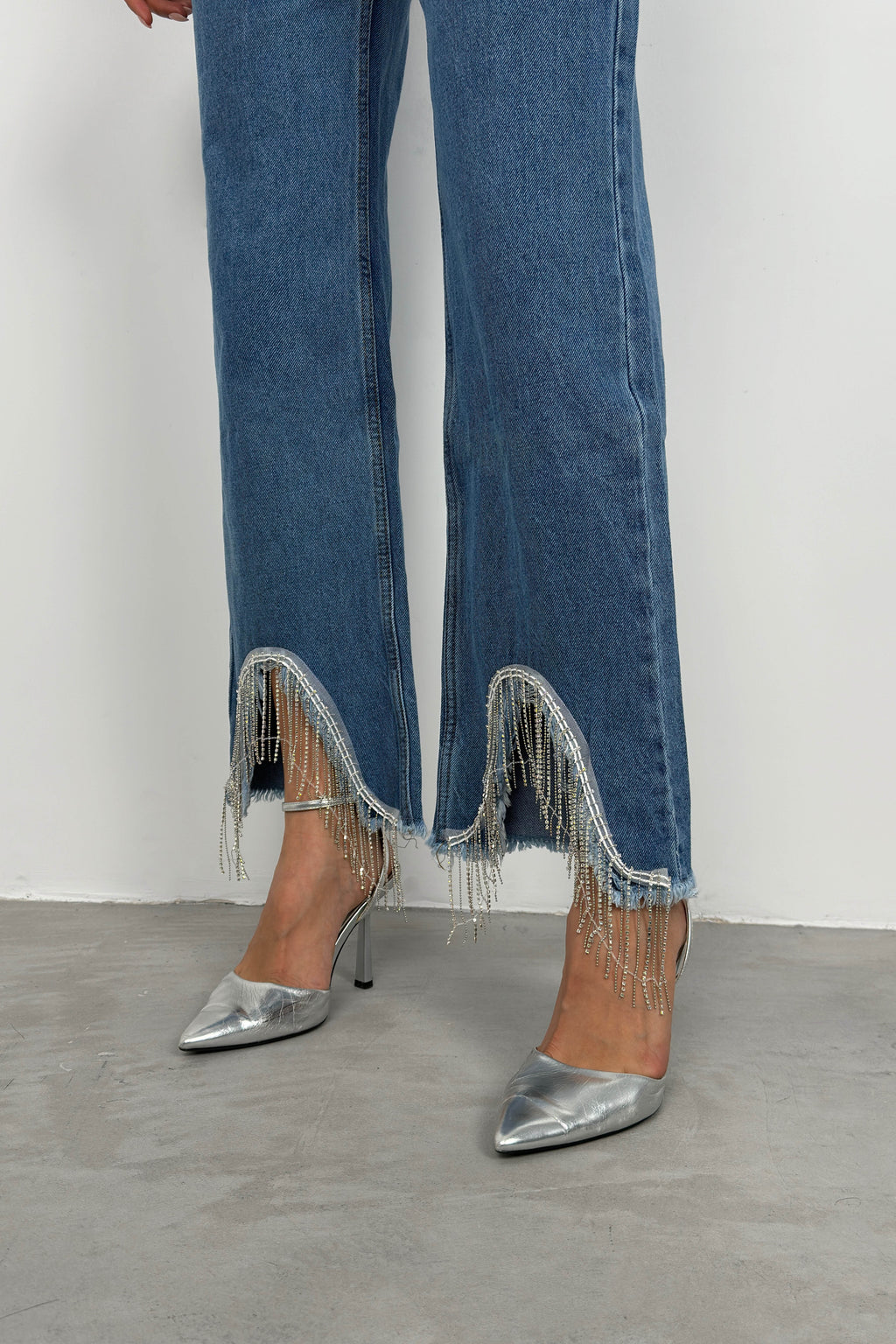 Stone Detail Fringed Blue Jean