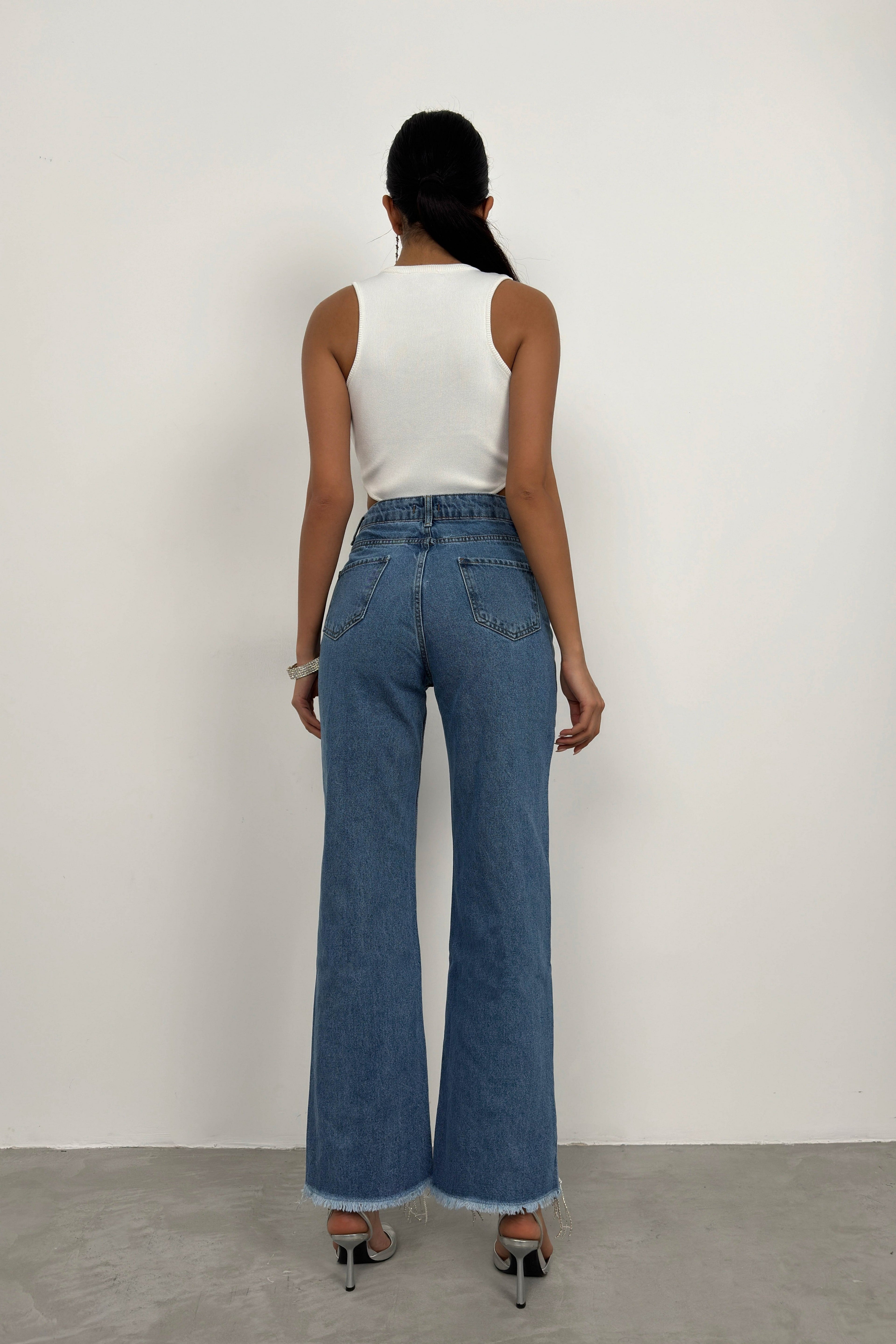 Stone Detail Fringed Blue Jean