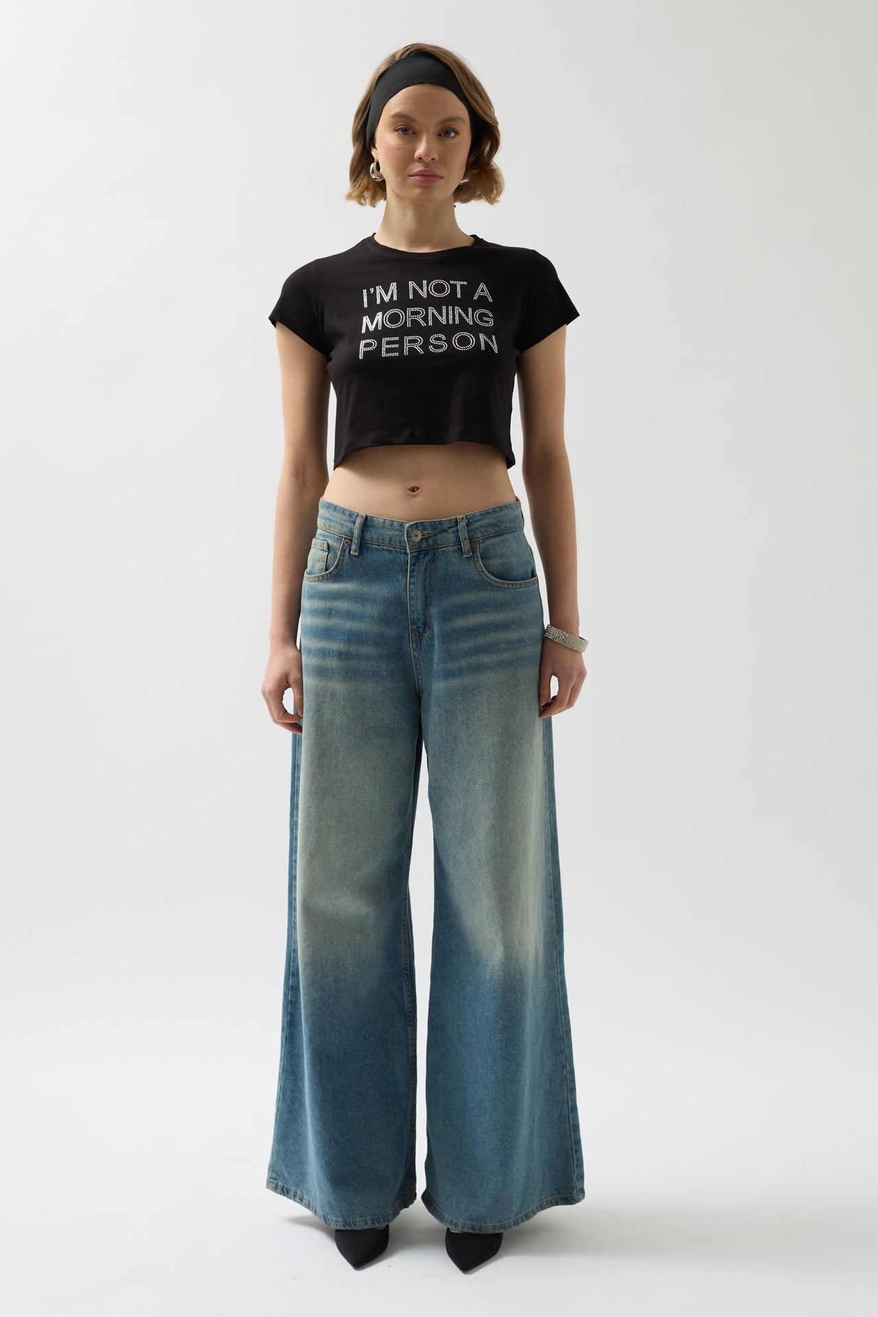 Stone Detail Black Crop T-Shirt
