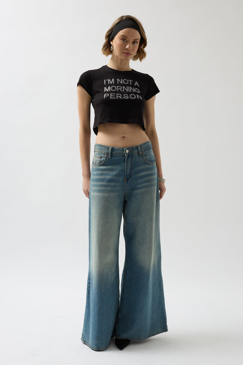 Stone Detail Black Crop T-Shirt