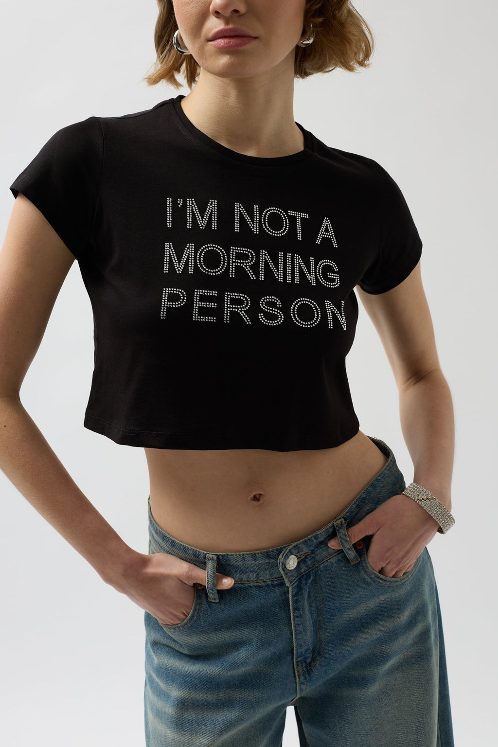 Stone Detail Black Crop T-Shirt