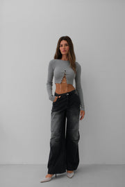 Stone Detail Knitwear Collar Gray Crop Blouse