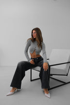 Stone Detail Knit Collar Gray Crop Blouse