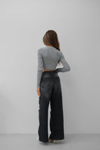 Stone Detail Knit Collar Gray Crop Blouse