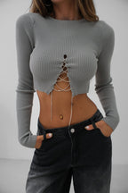 Stone Detail Knit Collar Gray Crop Blouse