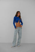 Stone Detay Knit Neck Blue Crop Blouse