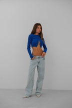 Stone Detay Knit Neck Blue Crop Blouse