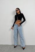 Stone Detail Knit Collar Black Crop Blouse