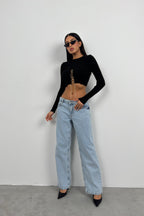 Stone Detail Knit Collar Black Crop Blouse