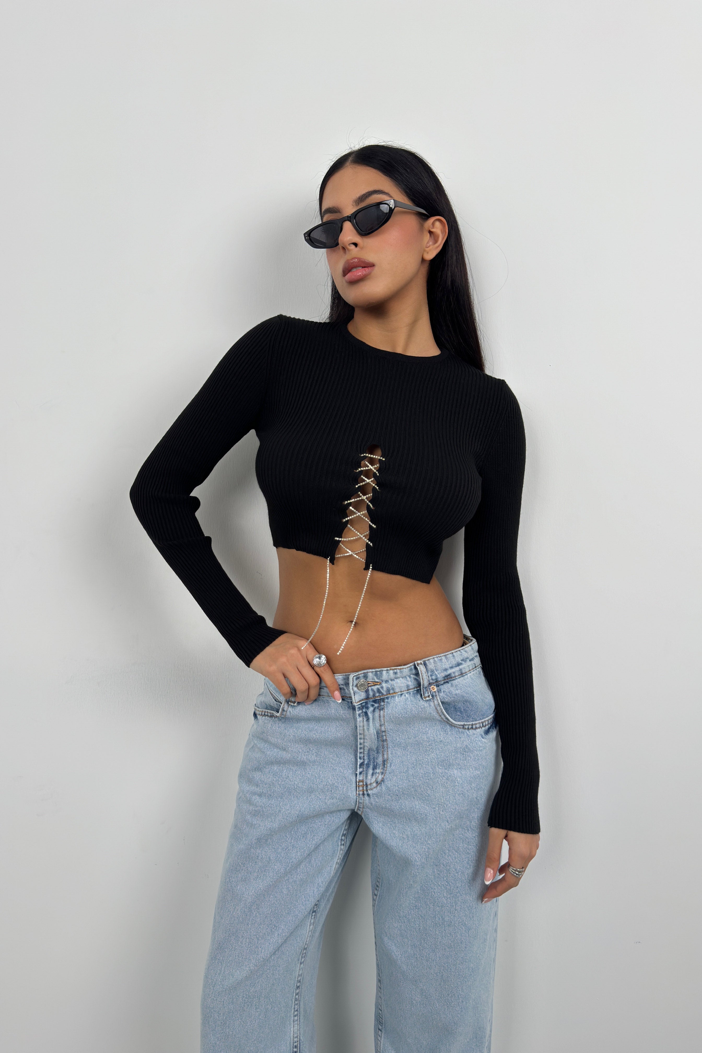 Stone Detail Knit Collar Black Crop Blouse