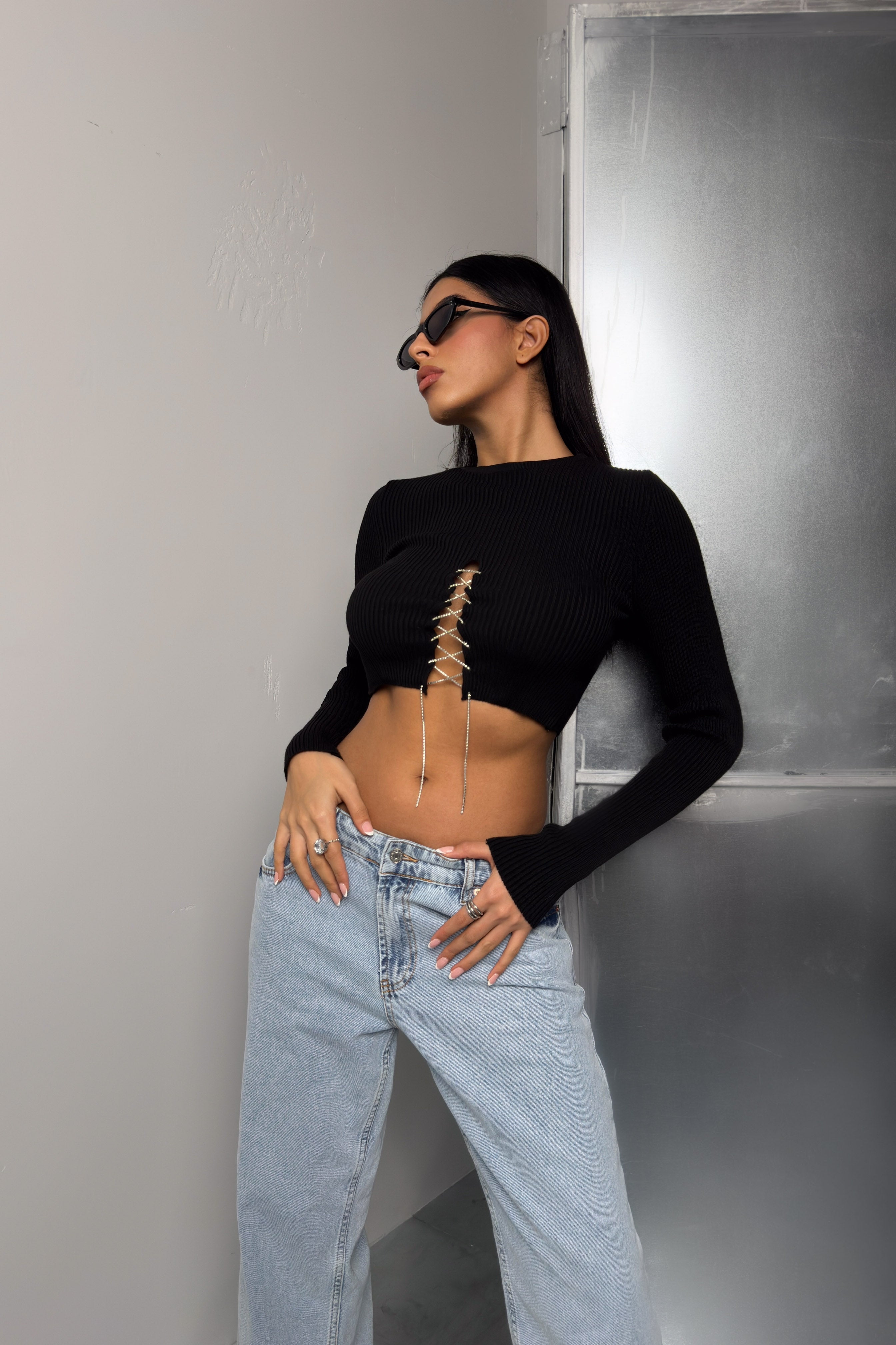Stone Detail Knit Collar Black Crop Blouse