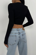 Stone Detail Knit Collar Black Crop Blouse