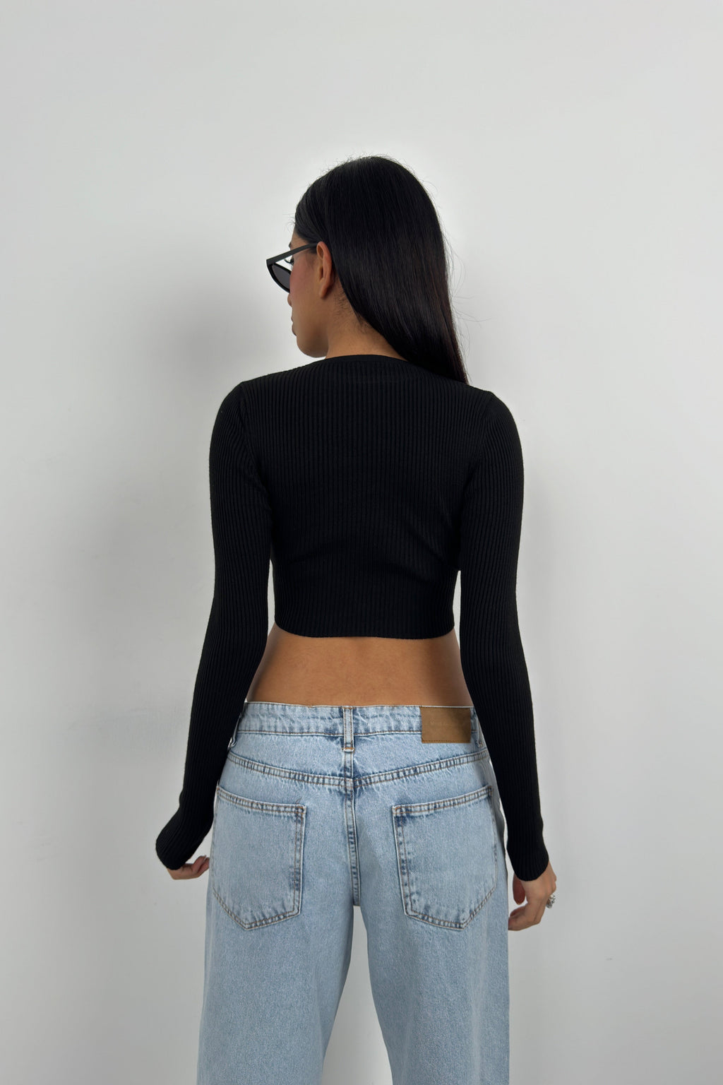 Stone Detail Knit Collar Black Crop Blouse