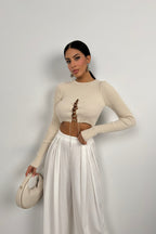 Stone Detail Knit Collar Stone Crop Blouse