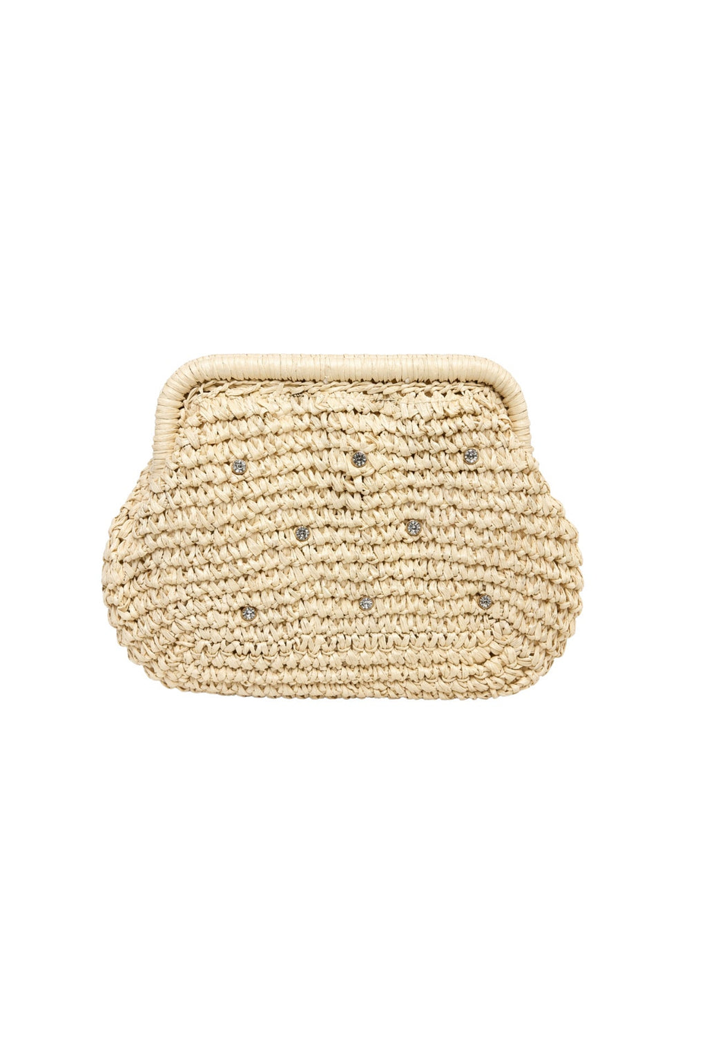 Stone Embellished Mini Straw Beige Bag