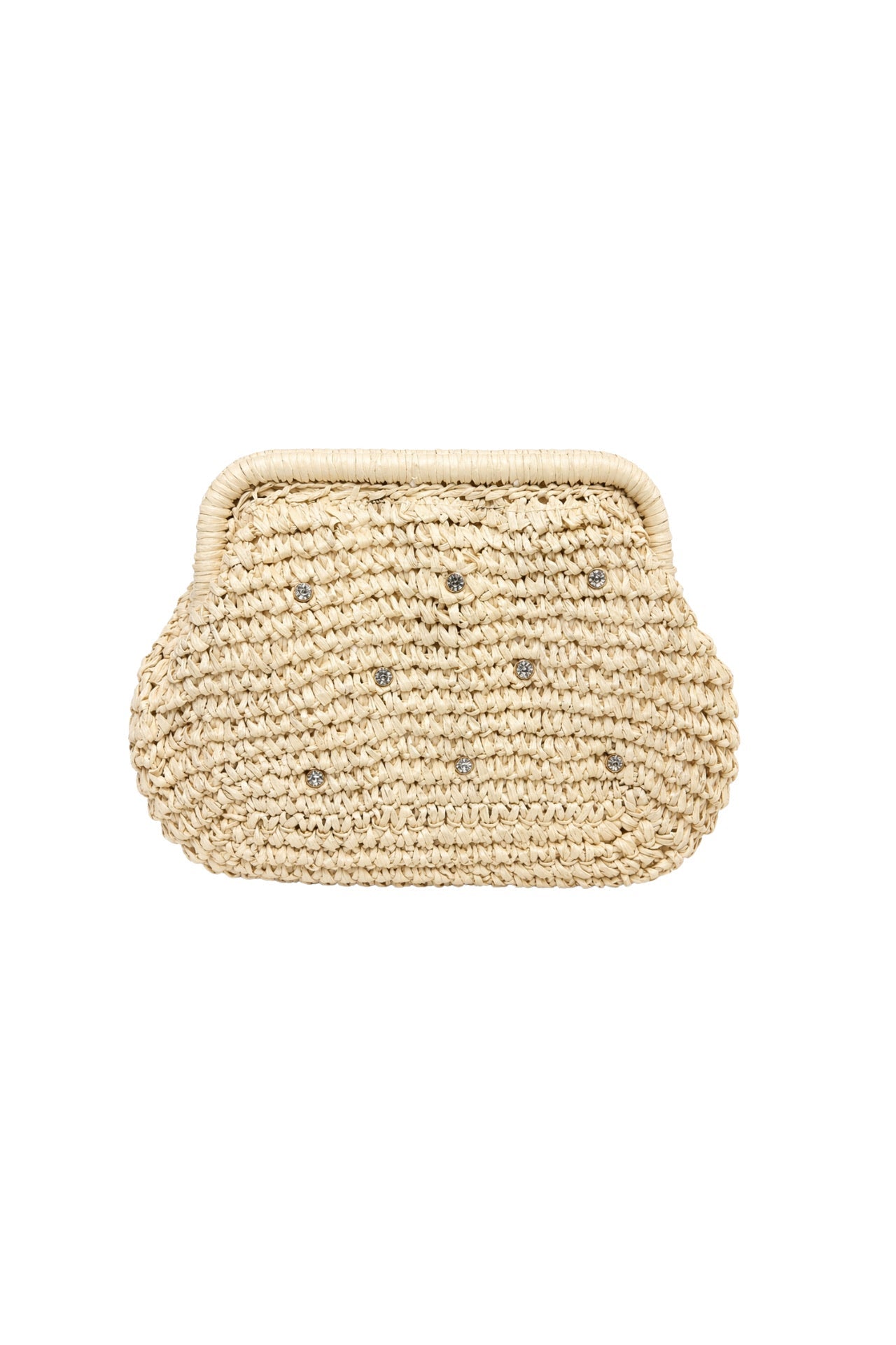 Stone Embellished Mini Straw Beige Bag