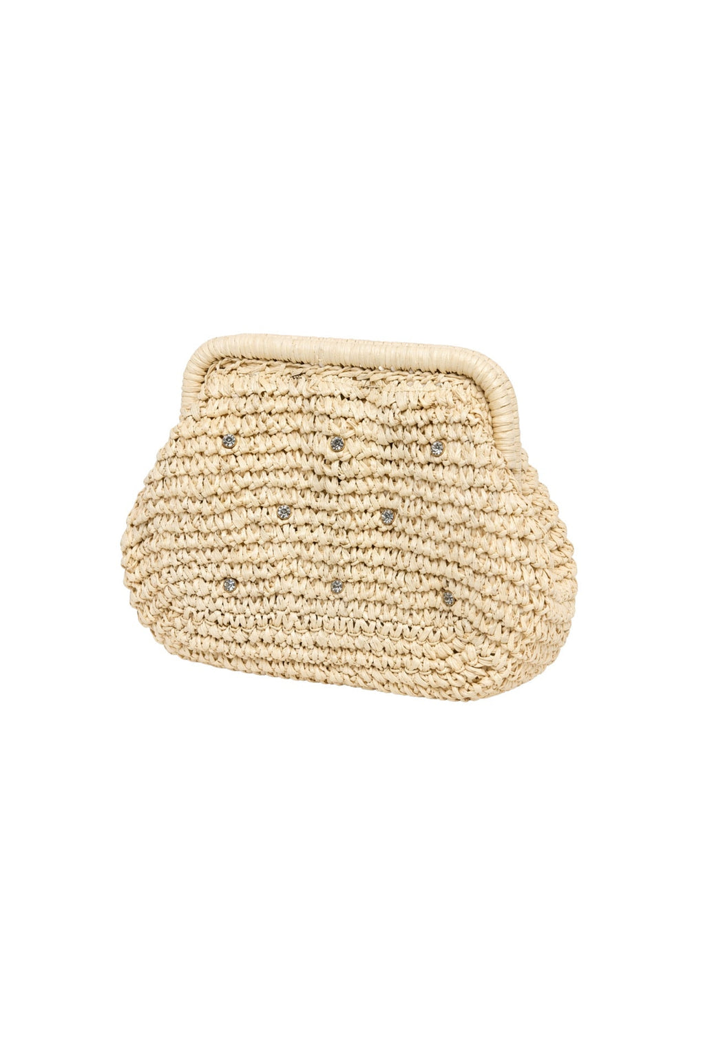 Stone Embellished Mini Straw Beige Bag