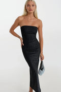 Stone Islemeli Black Straplez Maxi Dress