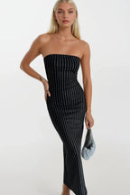 Stone Islemeli Black Straplez Maxi Dress