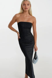 Stone Embellished Black Strapless Maxi Dress