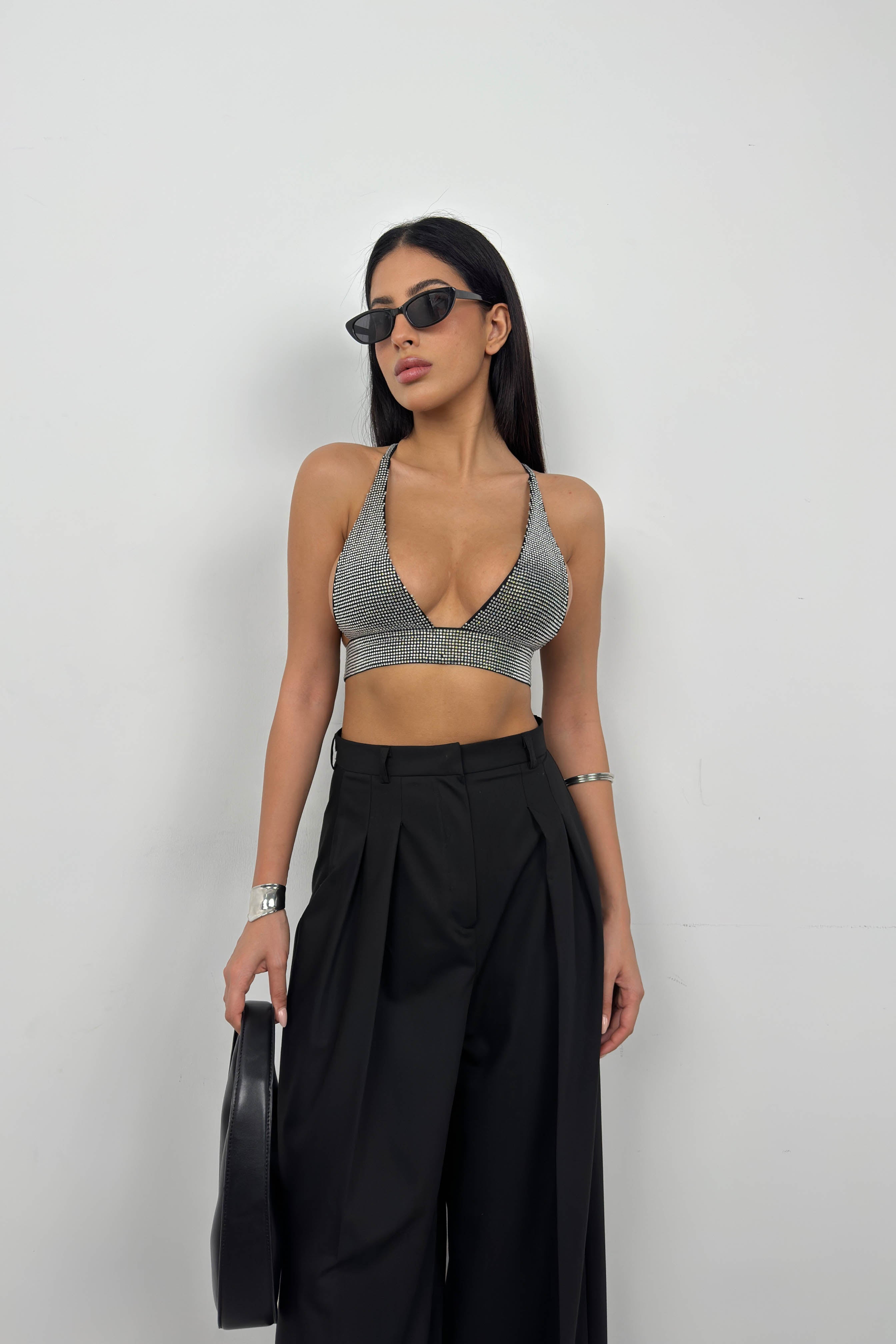 Stone Detail Silver Crop Bra