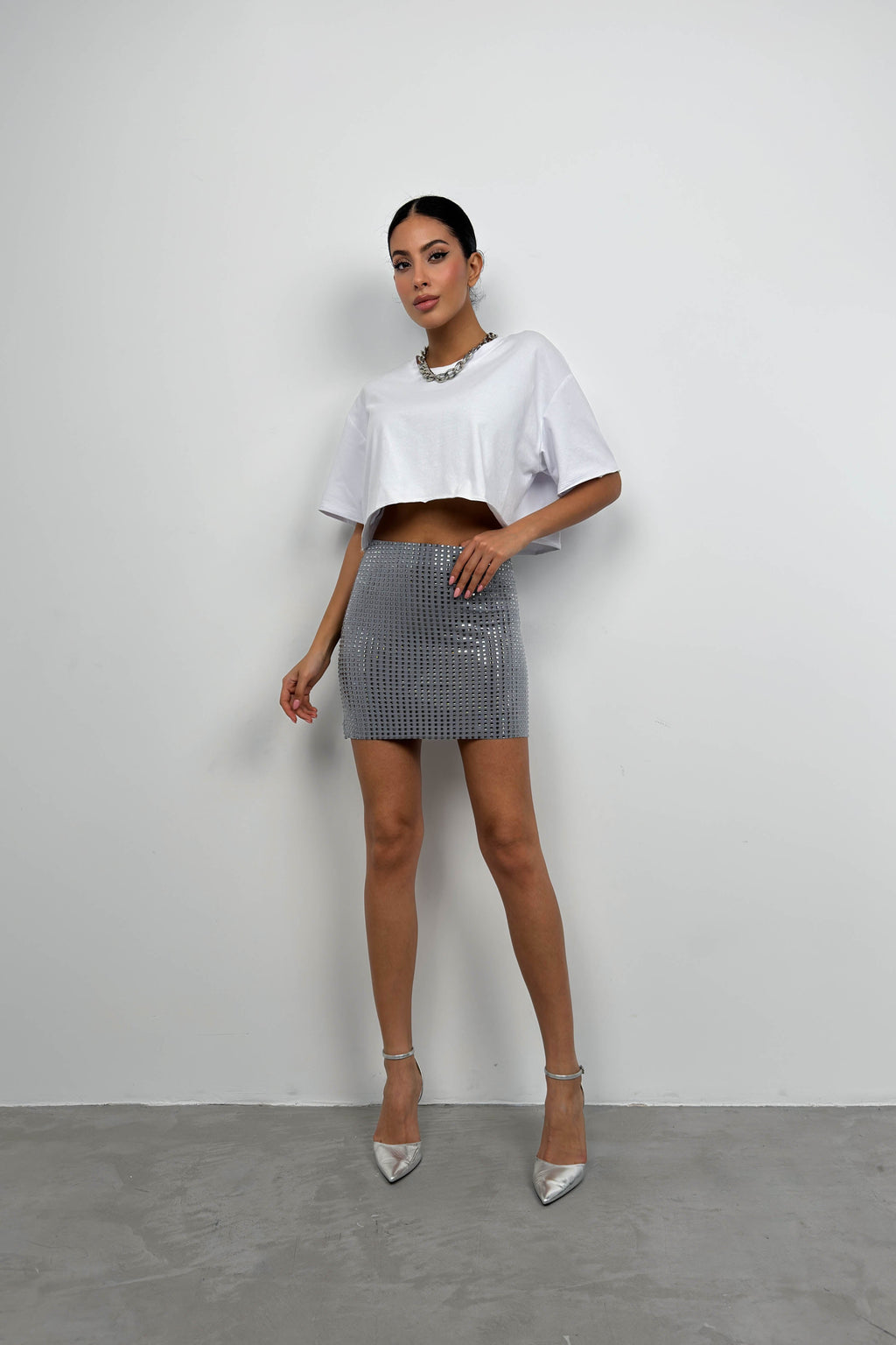 Rhinestone Gray Mini Skirt