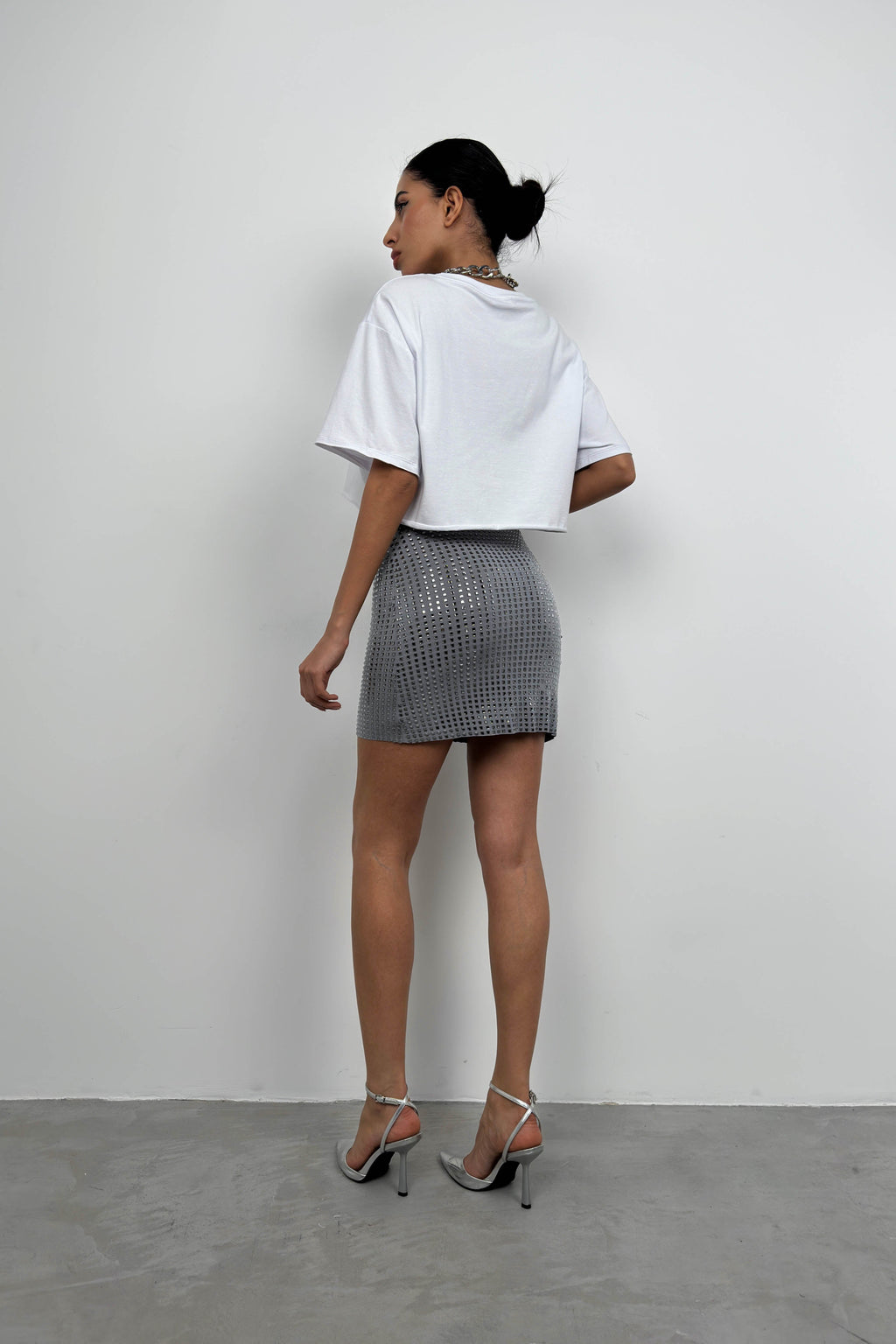 Rhinestone Gray Mini Skirt
