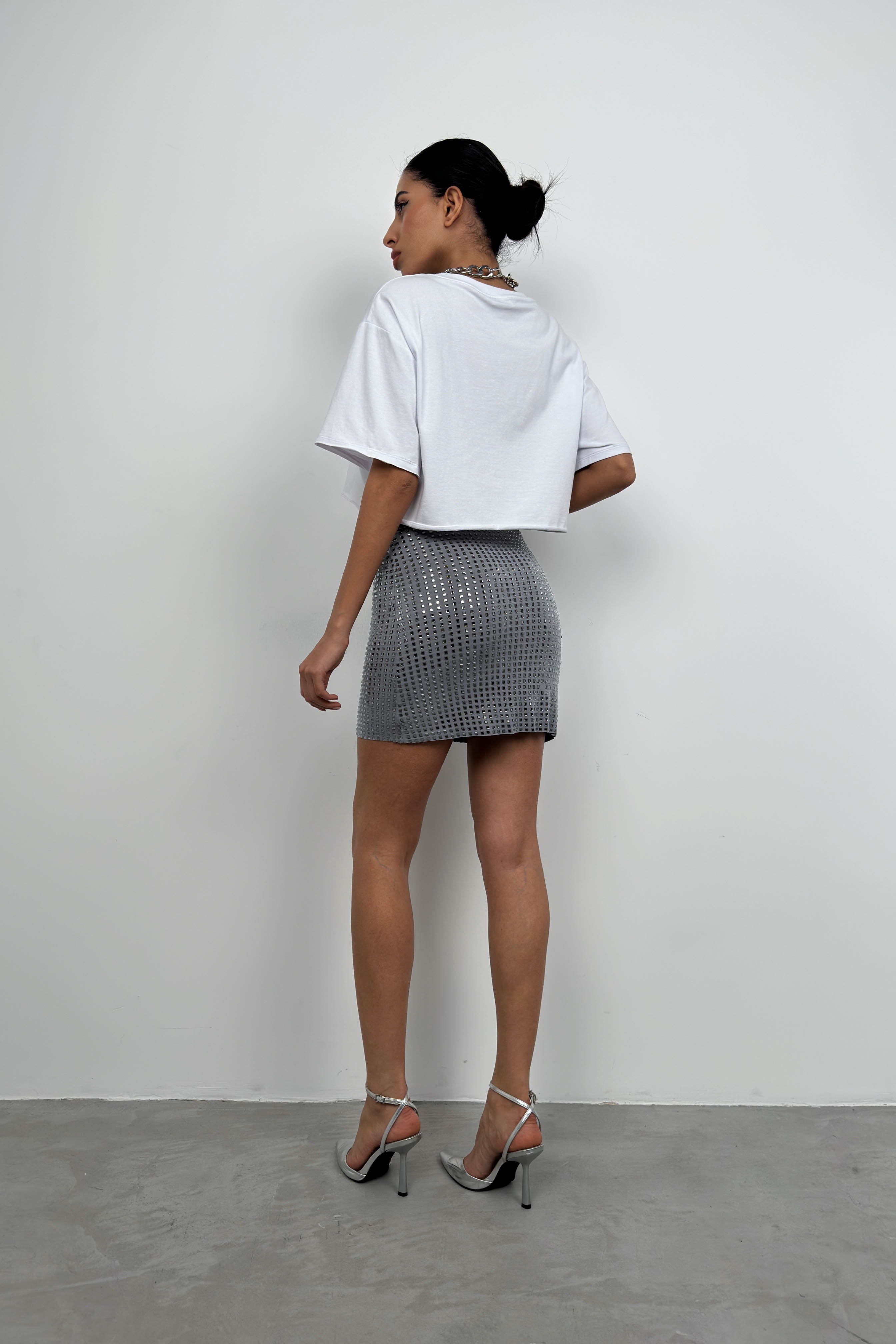 Rhinestone Gray Mini Skirt
