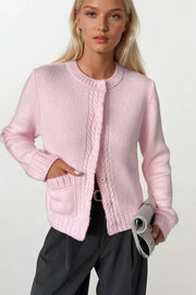 Pink Knitted Cardigan with One Pocket and Snaps