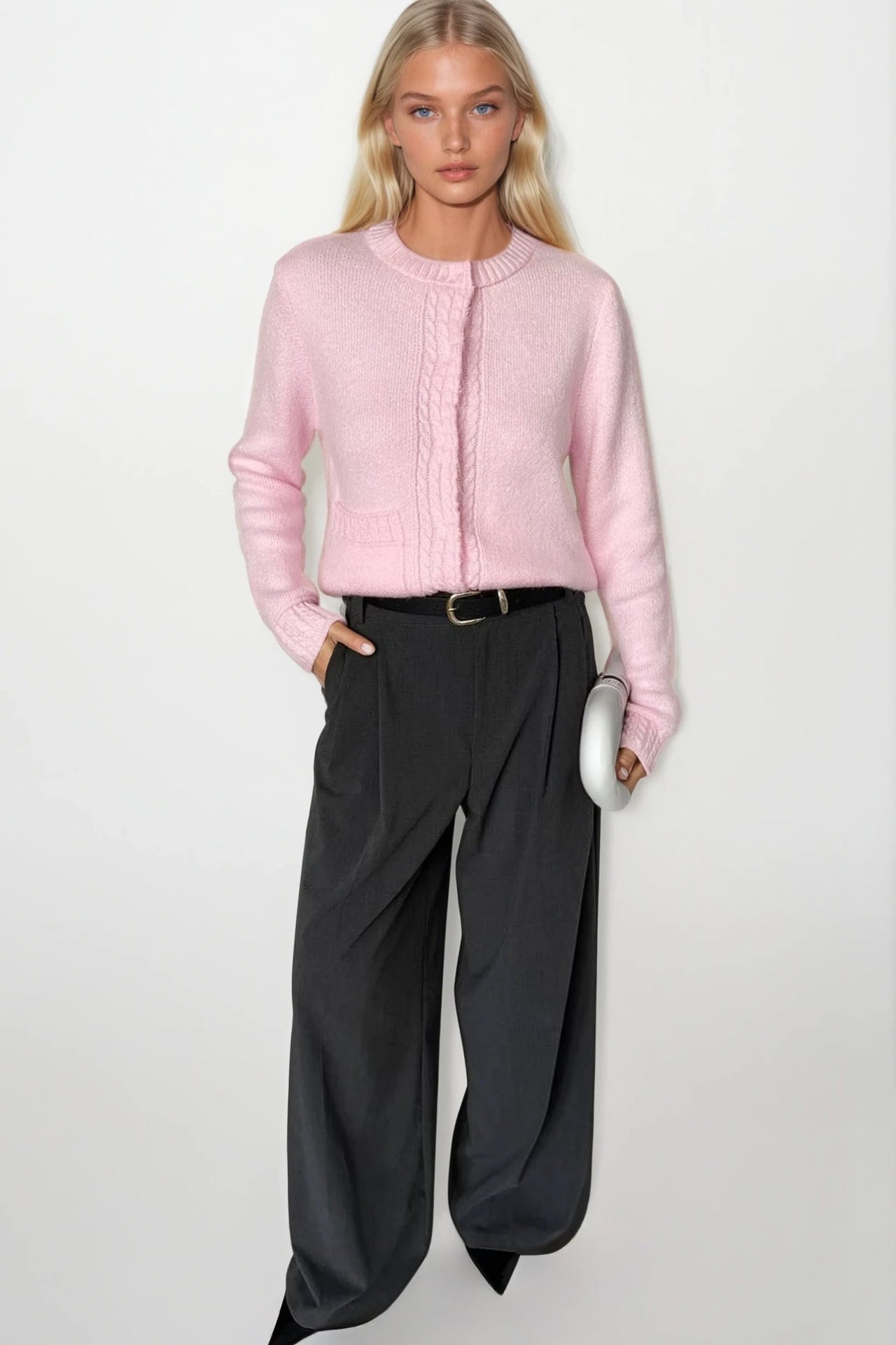 Single Pocket Snap-Button Pink Knit Cardigan